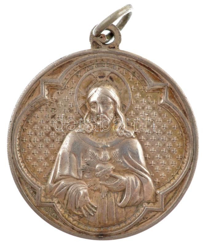 ~1900. 'Jézus / Szeplőtelen fogantatás' ezüstözött fém vallási érem (32mm) T:2 patina
