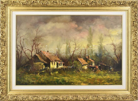 Bóna Jenő (1962-): Este a tanyán. Olaj, farost, jelzett, dekoratív fakeretben, 40x60 cm