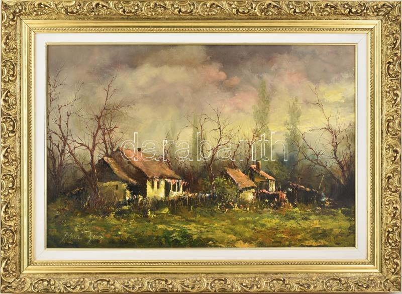 Bóna Jenő (1962-): Este a tanyán. Olaj, farost, jelzett, dekoratív fakeretben, 40x60 cm