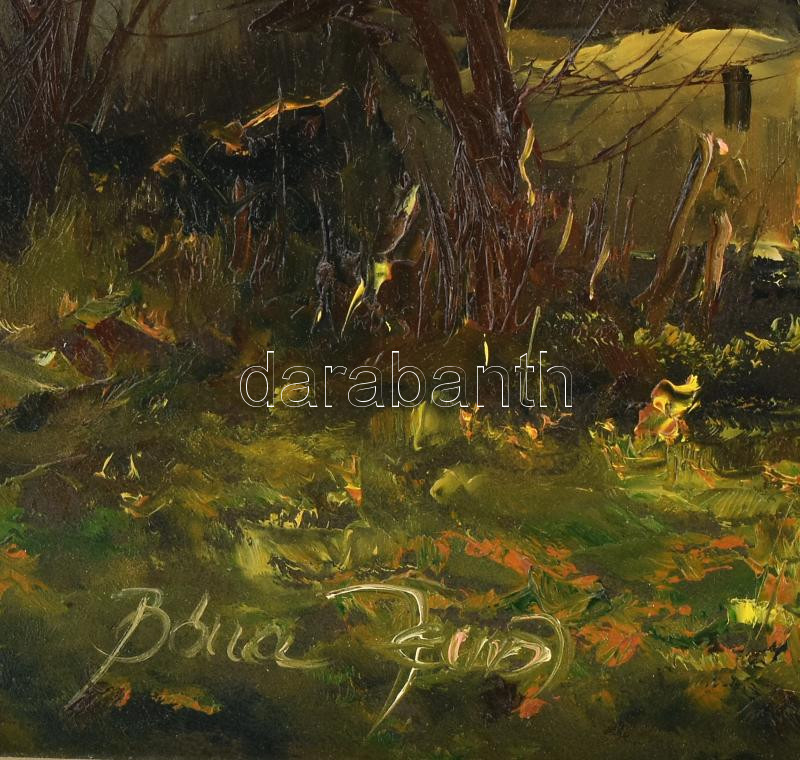 Bóna Jenő (1962-): Este a tanyán. Olaj, farost, jelzett, dekoratív fakeretben, 40x60 cm - Image 2