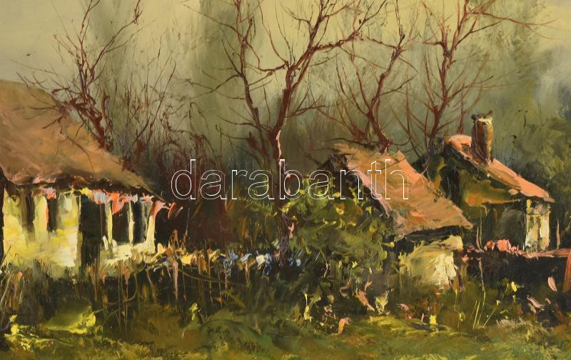 Bóna Jenő (1962-): Este a tanyán. Olaj, farost, jelzett, dekoratív fakeretben, 40x60 cm - Image 3