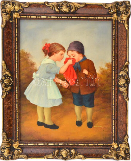 Kálmán Éva (1945-): Kettesben. Olaj, farost. Jelzett. Dekoratív fakeretben, 24×18 cm.