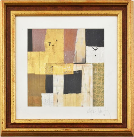 Ajtai Tamás (1952-): Konstruktív élmény. Olaj, pasztell, ceruza, kollázs, vászon, jelzett, hátoldalán feliratozott. Dekoratív, üvegezett fakeretben. 30×30 cm