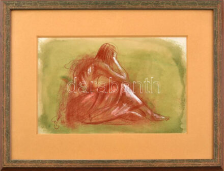 Csáky Lajos (1950-): Hátakt. Kréta, akvarell, papír, jelzett, hátoldalán Csáky Lajos autográf feliratával és ajándékozási soraival. Üvegezett fakeretben, 18,5×28,5 cm