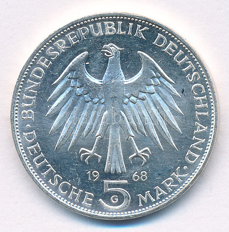 Német Szövetségi Köztársaság 1968G 5M Ag 'Gutenberg János halálának 500. évfordulója' T:1,1- Federal Republic Germany 1968G 5 Mark Ag '500th Anniversary - Death of Johannes Gutenberg' C:UNC,AU Krause KM#122 - Image 2