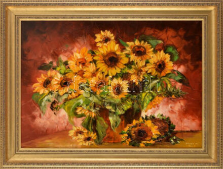 Simon Béla (1957-): Napraforgós csendélet. Olaj, farost. jelzett. Dekoratív fakeretben, 50×70 cm