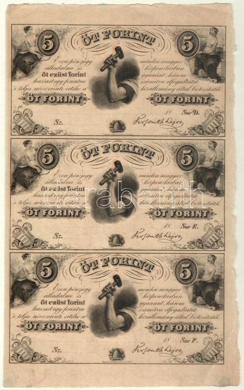 1852. 5Ft 'Kossuth bankó' kitöltetlen 'D','E','F' hármas ívben, nyomdai ujjlenyomattal T:II nagyobb sarokhajlás / Hungary 1852. 5 Forint blokk of 3 (D,E,F) without date and serial number, with black fingerprints C:XF bigger corner bend Adamo