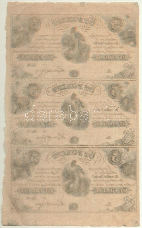 1852. 5Ft 'Kossuth bankó' kitöltetlen 'D','E','F' hármas ívben, nyomdai ujjlenyomattal T:II nagyobb sarokhajlás / Hungary 1852. 5 Forint blokk of 3 (D,E,F) without date and serial number, with black fingerprints C:XF bigger corner bend Adamo - Image 2
