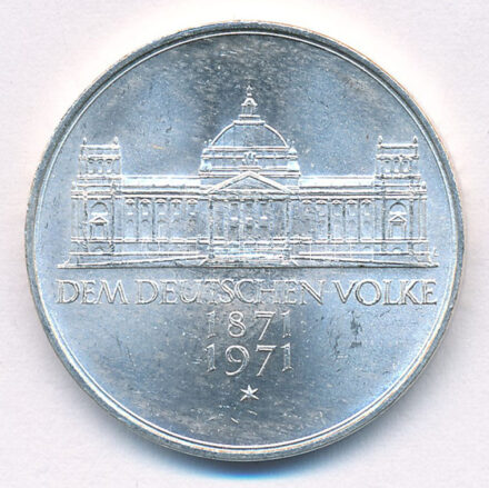 Német Szövetségi Köztársaság 1971G 5M Ag 'A Német Birodalom alapításának 100. évfordulója' T:1,1- Federal Republic Germany 1971G 5 Mark Ag 'Foundation of German Reich 1871' C:UNC,AU Krause KM#128