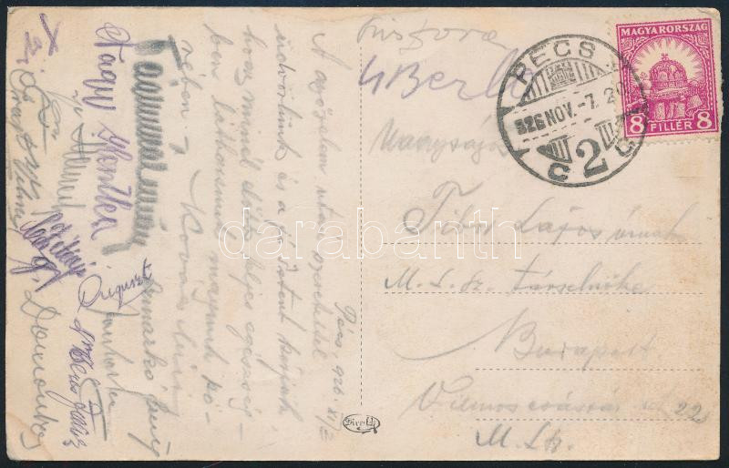 1926 A Szolnoki MÁV SE labdarúgó klub játékosai által aláírt és küldött képeslap Tibor Lajos MLSZ társelnöknek Auguszt, Jakovka és mások