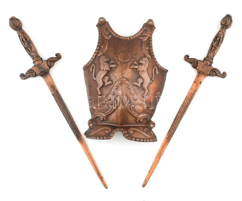 Spanyol falidísz, levélbontó, bronz, mellvért, 2db karddal, 22x22cm