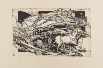 Kádas István (1941-): Ady. Rézkarc, papír, jelzett, számozott (8/100), AP jelzéssel. Kartonra kasírozva. 25×41 cm