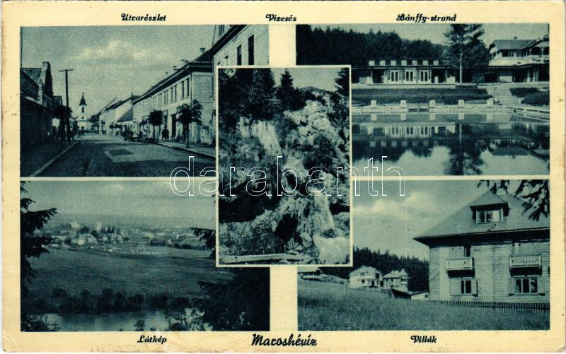 Maroshévíz, Toplita; vízesés, utca, villák, Bánffy strand / waterfall, street, villas, spa (EK)