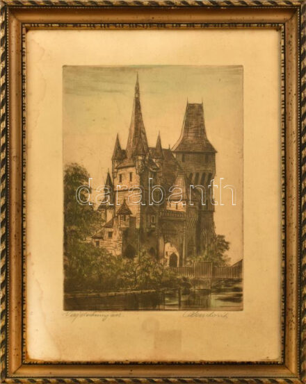 Paulovits Pál (1892-1975): Vajdahunyad vára. Színezett rézkarc, papír, jelzett, lap széle foltos. Üvegezett fakeretben. 26×18,5 cm