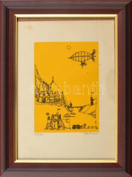 Olvashatatlan jelzéssel: Szürrelista táj (cím nélkül). Szitanyomat, papír, számozott (50/30). Üvegezett fakeretben. 18x13 cm