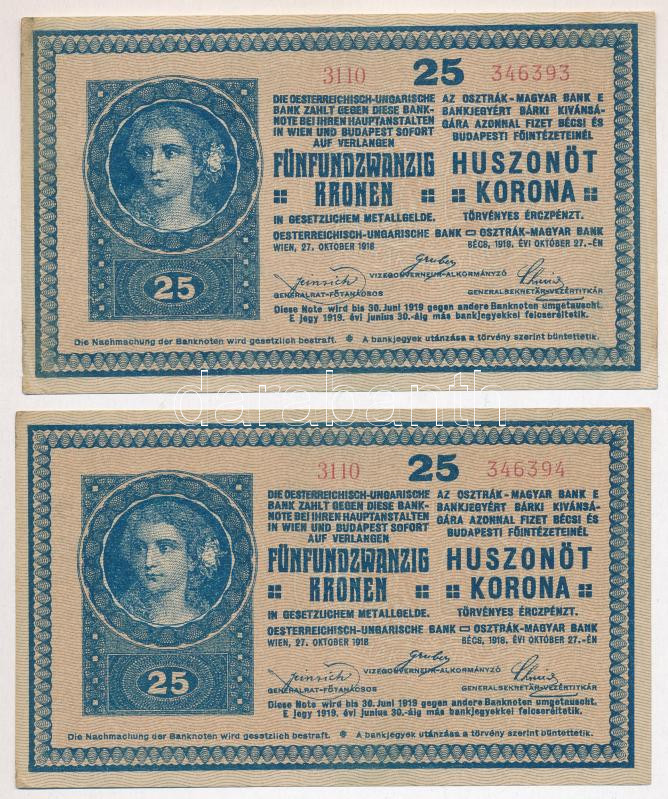 1918. 25K (2x) sorszámkövetők '3110 346393 - 3110 346394' 3mm, hullámos hátlappal T:II-,III Adamo K22/4