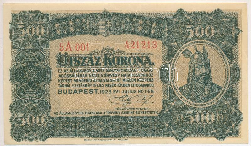 1923. 500K '5A 001 421213', 'Magyar Pénzjegynyomda Rt. Budapest' nyomdahely jelöléssel T:III szép papír Adamo K34
