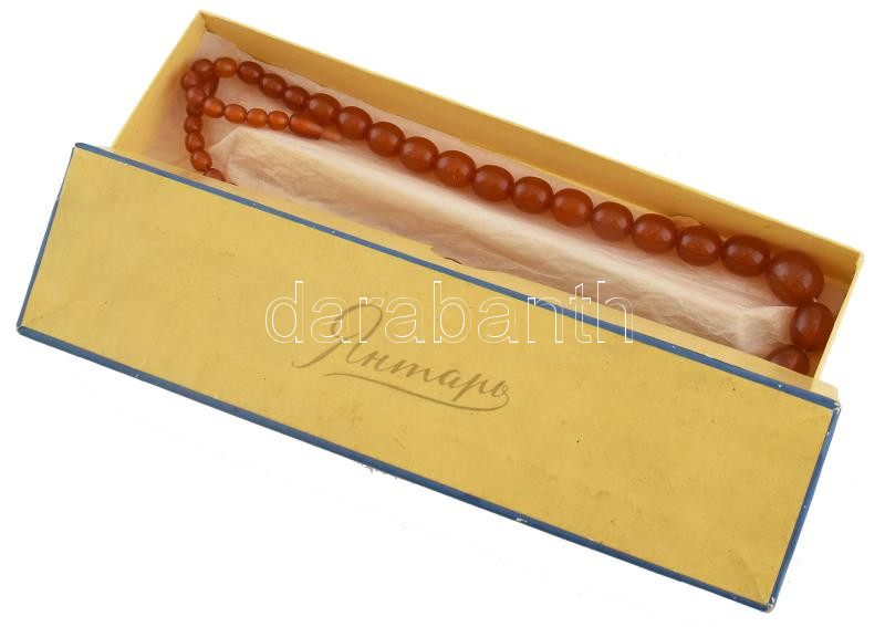 Régi orosz borostyán nyaklánc, eredeti dobozában. Szovjetunió, 1960 körül. h: 56 cm - Image 3