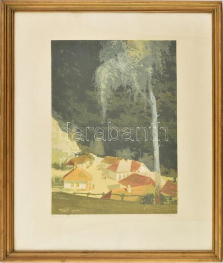 Török Endre (1926-1980): Ómassa (Bükk). Színes linómetszet, papír, jelzett, 35×24 cm, üvegezett fakeretben.
