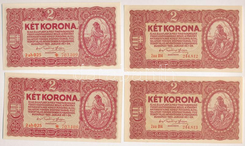 1920. 2K (2x) sorszámkövetők '2 aa 014 244.812 - 2 aa 014 244.813' + 1920. 2K (2x) sorszámkövetők '2 ab 025 * 703408 - 2 ab 025 * 703409' csillagos sorszám + 1920. 10K (2x) sorszámkövetők 'a 065 283.957 - a 065 283.958' + 1920. 20K (2x)