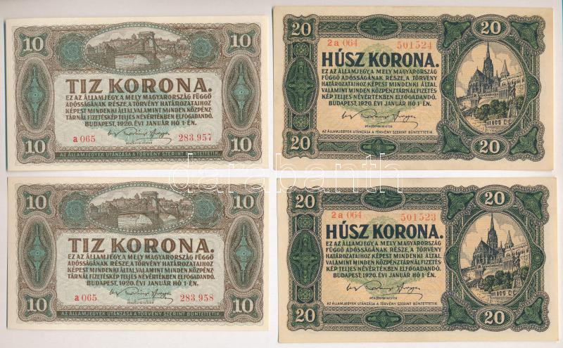 1920. 2K (2x) sorszámkövetők '2 aa 014 244.812 - 2 aa 014 244.813' + 1920. 2K (2x) sorszámkövetők '2 ab 025 * 703408 - 2 ab 025 * 703409' csillagos sorszám + 1920. 10K (2x) sorszámkövetők 'a 065 283.957 - a 065 283.958' + 1920. 20K (2x) - Image 3