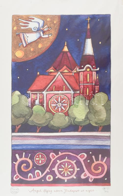 2010 Takács Ildikó (?-): Angel flying above Budapest at night. Nyomat, papír, jelzett, 37×21,5 cm