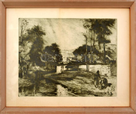 Nagy Zoltán (1916-1987): Patakparton, rézkarc, papír, jelzett, üvegezett fakeretben, 26,5×35,5 cm