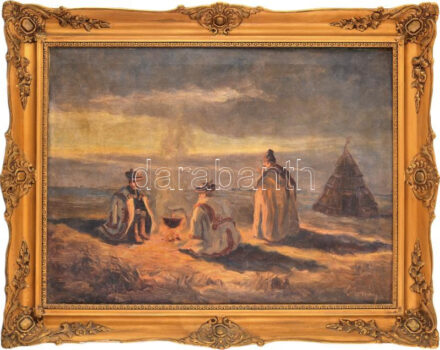 Kolozsváry Endre (1901-?): Pásztortűz, 1940 körül. Olaj, vászon, jelzett. Dekoratív, sérült fakeretben, 60×80 cm