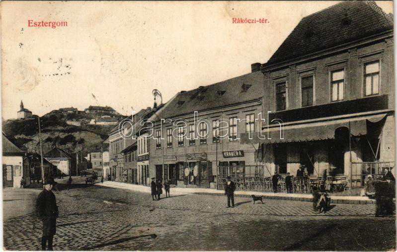 1912 Esztergom, Rákóczi tér, kávéház, Kramer A., Marmorstein Mór, Till István üzlete. Grószner B. kiadása (kis szakadás / small tear)
