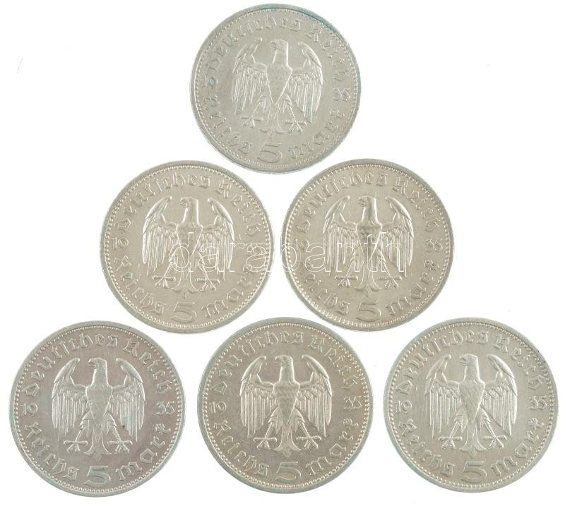 Német Harmadik Birodalom 1935. 5M Ag 'Hindenburg' (6xklf) különböző verdejelek T:2 patina, karc German Third Reich 1935. 5 Mark Ag 'Hindenburg' (6xdiff) different mintmarks C:XF patina, scratch Krause KM#86
