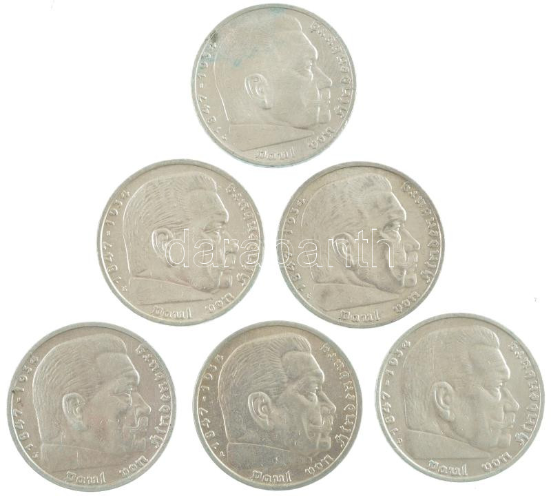 Német Harmadik Birodalom 1935. 5M Ag 'Hindenburg' (6xklf) különböző verdejelek T:2 patina, karc German Third Reich 1935. 5 Mark Ag 'Hindenburg' (6xdiff) different mintmarks C:XF patina, scratch Krause KM#86 - Image 2