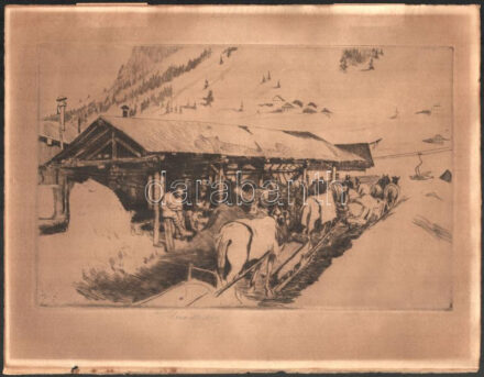 Lénárd Lévy Róbert (1879-1936): I. világháborús front jelent katonákkal, lovakkal. Rézkarc, papír. Jelzett. Lap széle kissé sérült. 18x28,5 cm.