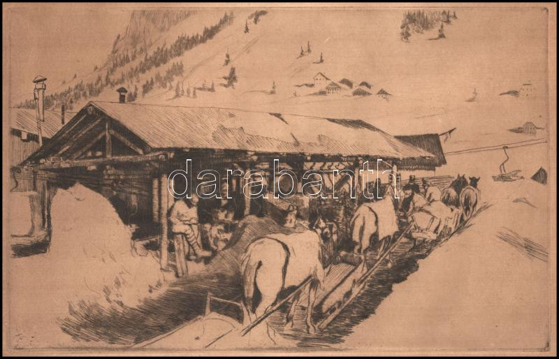 Lénárd Lévy Róbert (1879-1936): I. világháborús front jelent katonákkal, lovakkal. Rézkarc, papír. Jelzett. Lap széle kissé sérült. 18x28,5 cm. - Image 2