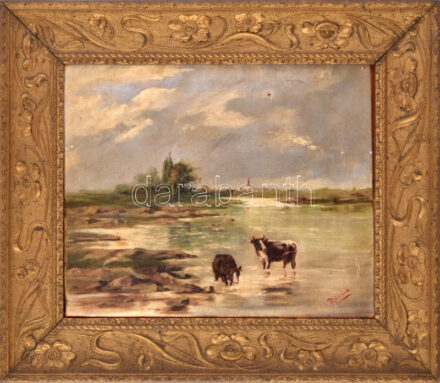Reinfuss jelzéssel: Tehenek a vízben. Olaj, vászon. Dekoratív, régi szecessziós fakeretben. 32,5x39 cm
