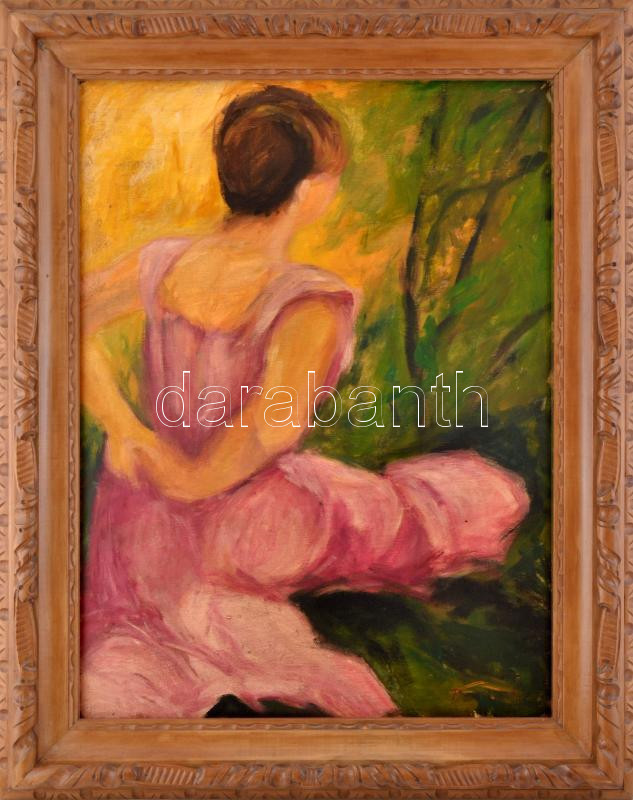 Benkhard jelzéssel: Hölgy a tájban. Olaj, karton. Hátoldalán román kiviteli bélyegzővel. Dekoratív fakeretben. 75x55 cm