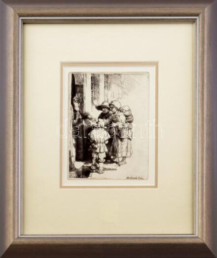 Rembrandt van Rijn (1606-1669) után, XX. sz. vége/XXi. sz. eleje: Koldusok az ajtónál. Heliogravűr, papír. Jelzett a heliogravűrön. Üvegezett fakeretben. 17x13 cm