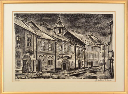 Bordás Ferenc (1911-1982): Vár, Budapest. Linómetszet, papír, jelzett, üvegezett fakeretben, 30×40 cm