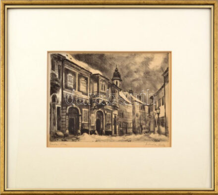 Bordás Ferenc (1911-1982): Budai utca. Rézkarc, papír, jelzett, üvegezett fakeretben,19,5×28,5 cm