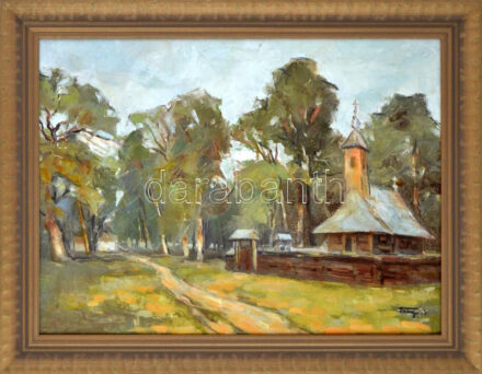 Olvashatatlan jelzéssel: Táj templommal. Olaj, vászon. Hátoldalán román kiviteli bélyegzővel. Dekoratív fakeretben. 48x64cm