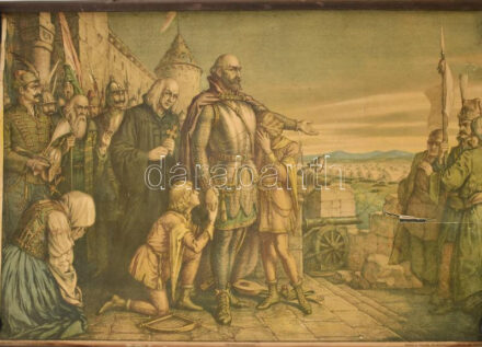 Helbing Ferenc (1870-1958): Szondi két apródja. Színezett kőnyomat, papír, jelzett a nyomaton, szakadással, 60×80 cm