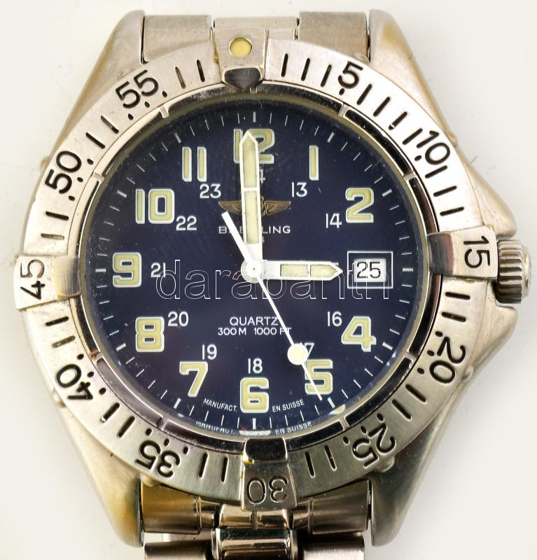 1996 Breitling quartz karóra, acél szíjjal, jelzett, eredeti sérült dobozban, papírokkal. Nem jár, nincs kipróbálva. d: 40 mm - Image 2
