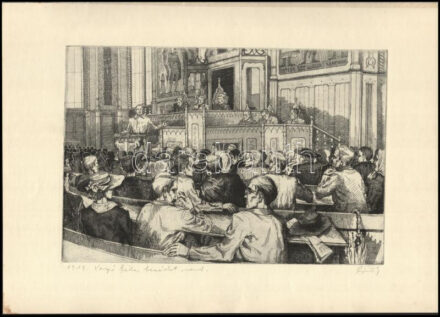 Pásztor Gábor (1933-2012): Varga Béla beszédet mond, 1919. Rézkarc, papír, jelzett, 19,5x29 cm