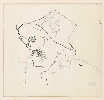 Szász Endre (1926-2003): Kalapos férfi portréja. Tus, papír, jelezve jobbra lent, kissé foltos, paszpartuáltal takart apró lapszéli szakadásokkal, 17x18 cm