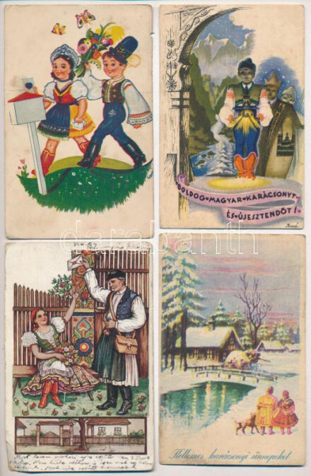 9 db RÉGI motívum képeslap: magyar folklór művészlapok / 9 pre-1945 motive postcards: Hungarian folklore art postcards