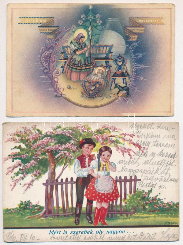 9 db RÉGI motívum képeslap: magyar folklór művészlapok / 9 pre-1945 motive postcards: Hungarian folklore art postcards - Image 3