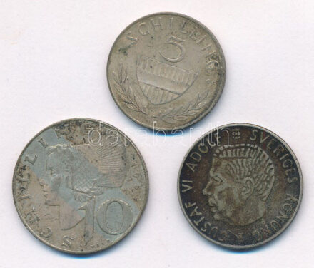 Vegyes: Ausztria 1957. 10Sch Ag + 1960. 5Sch Ag + Svédország 1954. 1K Ag 'VI. Gusztáv Adolf' T:2-3 patina Mixed: Austria 1957. 10 Schilling Ag + 1960. 5 Schilling Ag + Sweden 1954. 1 Krona Ag 'Gustav Adolf VI' C:XF-F patina