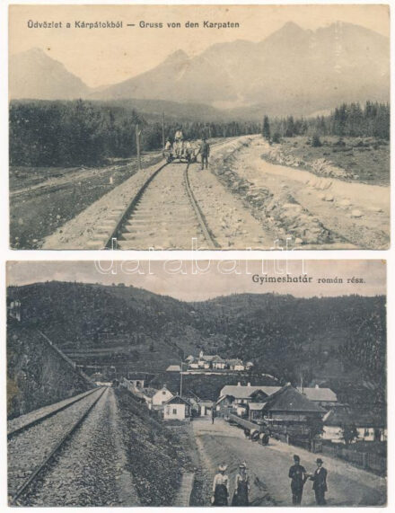 2 db RÉGI történelmi magyar város képeslap: Gyimes határ román rész, Kárpátok / 2 pre-1945 Historical Hungarian town-view postcards: Ghimes border on the Romanian side, Carpathian Mountains
