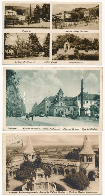 3 db RÉGI magyar város képeslap: Budapest, Klotildliget (Piliscsaba) / 3 pre-1945 Hungarian town-view postcards