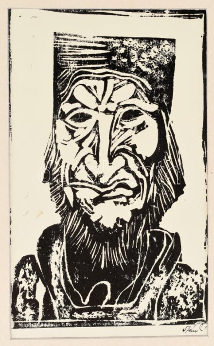 Szász Endre (1926-2003): Férfi fej. Linómetszet, papír, jelzett, paszpartuban. 18x11 cm