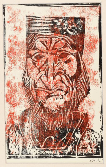 Szász Endre (1926-2003): Férfi fej. Színes linómetszet, papír, jelzett, paszpartuban. Paszpartu hátoldalán Hollóházi Szász Endre porcelán címkével. 18x11 cm